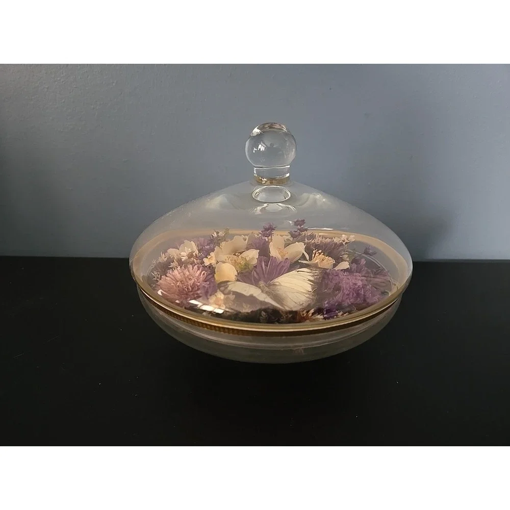 Vintge Apothecary Round Dome Dish Display w Lid Terrarium‎ Floral Dried Flowers